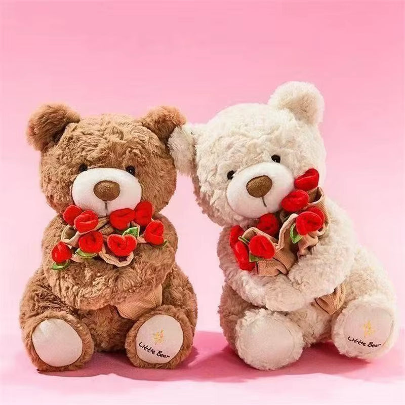 Kawaii Teddy Bear with Roses Plush Toy Soft Bear Stuffed Doll Romantic Gift for Lover Home Decor Valentine'S Day Gifts for Girls