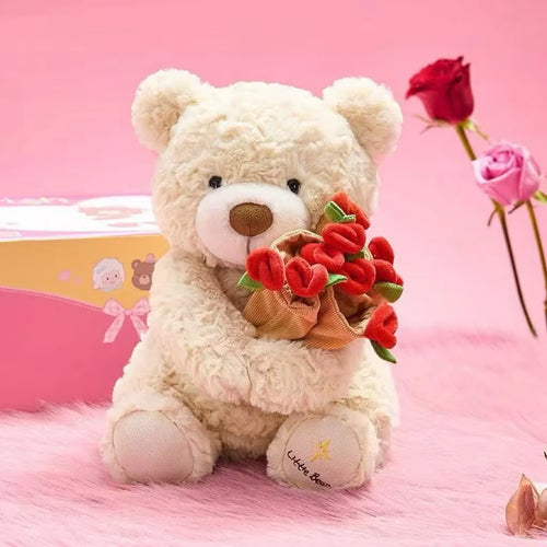 Kawaii Teddy Bear with Roses Plush Toy Soft Bear Stuffed Doll Romantic Gift for Lover Home Decor Valentine'S Day Gifts for Girls
