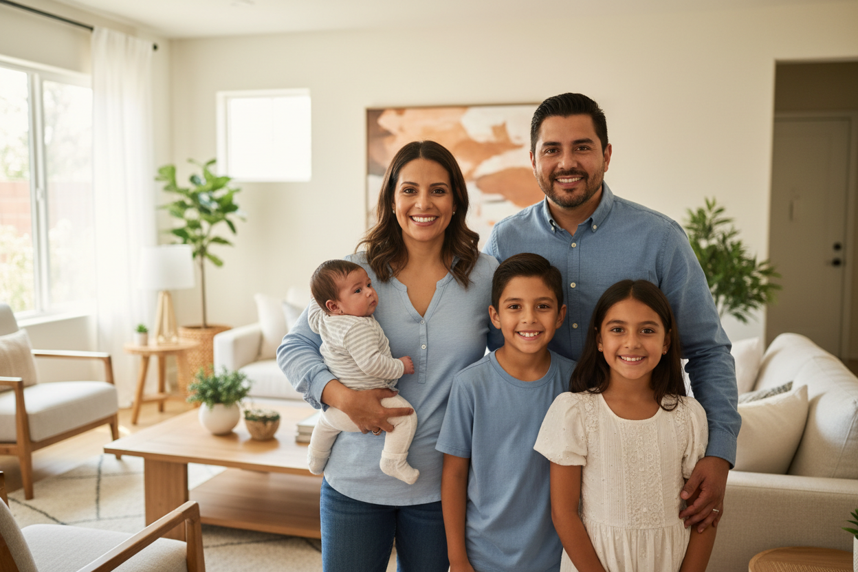 Familia hispana feliz protegida con cámara de seguridad
